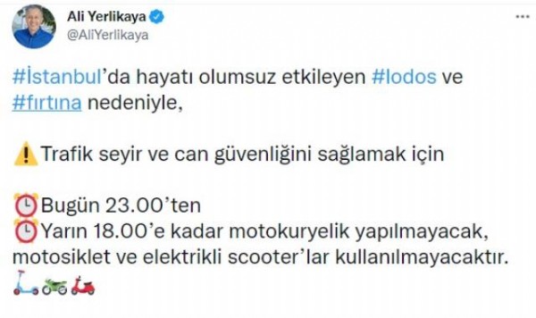 İstanbul’da bugün saat 23.00’ten yarın saat 18.00’e kadar motosiklet ve elektrikli scooter kullanmak yasaklandı