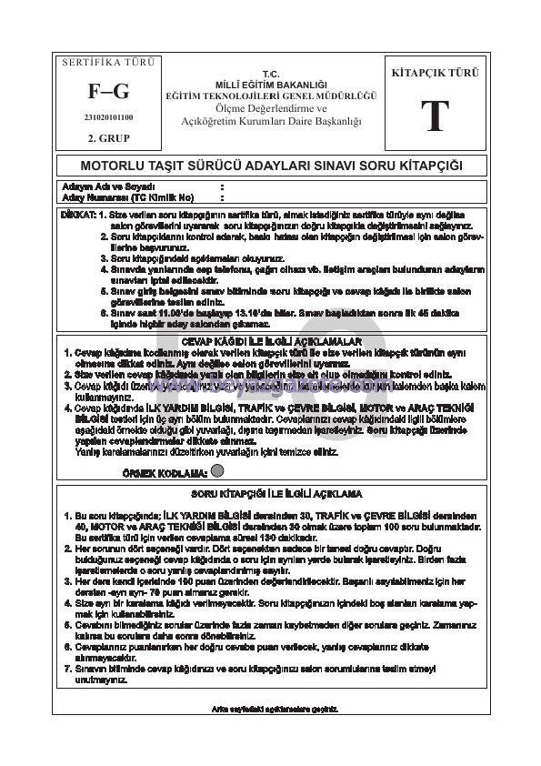 F-G Sınıfı Soruları ve Cevap Anahtarı