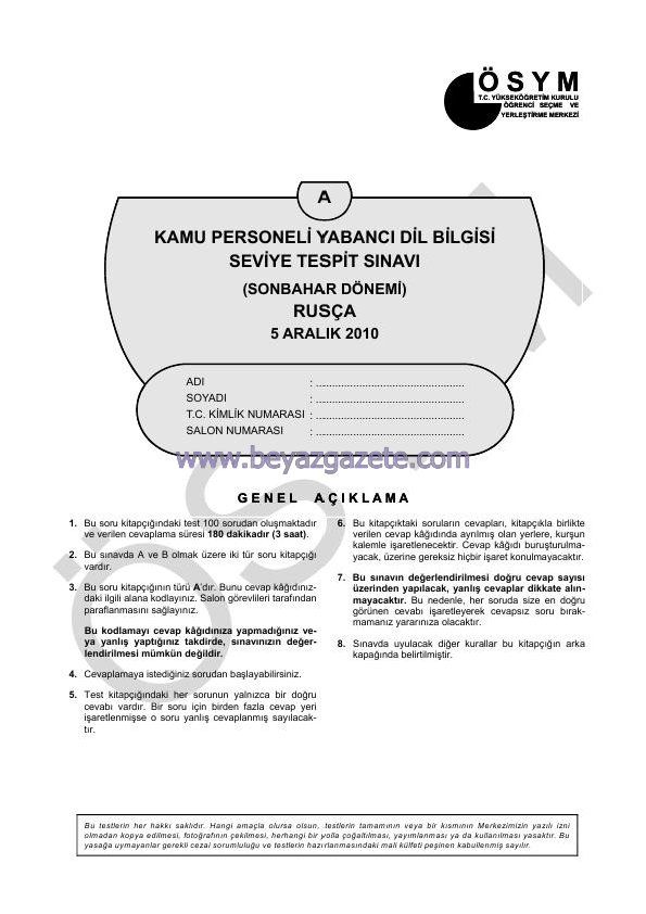2010 KPDS Rusça Testi ve Cevap Anahtarı
