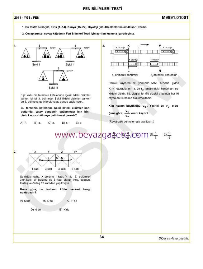 2011 YGS Fen Bilimleri Soru ve Cevapları