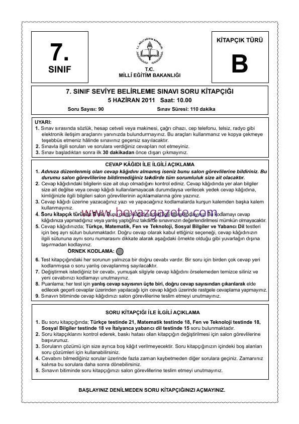 7. Sınıf İtalyanca B Kitapçığı