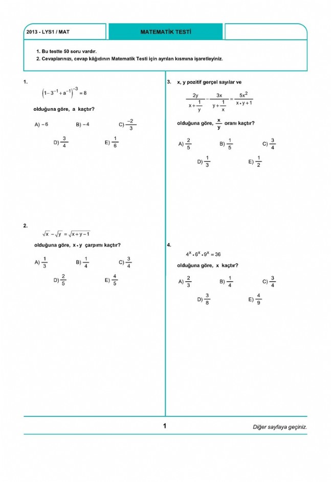 LYS 2013 Matematik Soruları ve Cevapları
