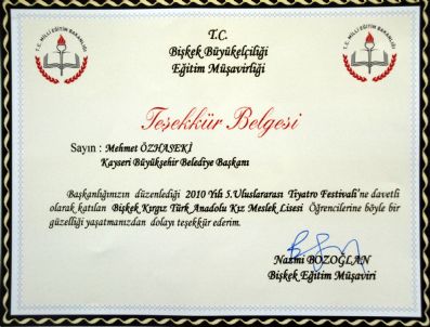 Bişkek'ten Özhaseki'ye Teşekkür Mektubu