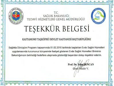 TEDAVI HIZMETLERI GENEL MÜDÜRLÜĞÜ - Sağlık Bakanlığı`ndan Taşköprü Dh`ne Teşekkür Belgesi