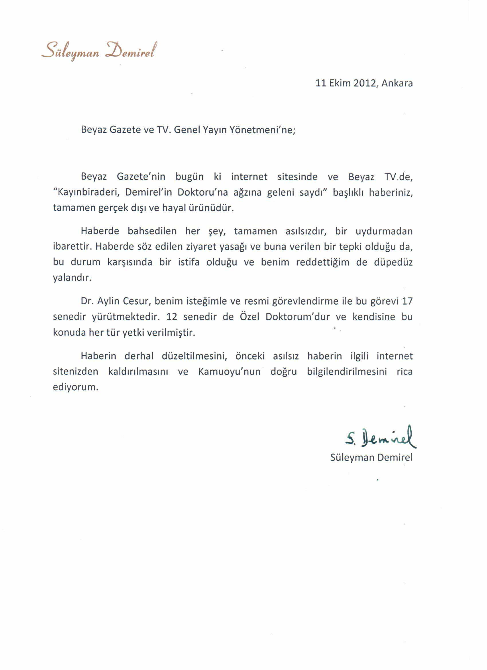 Demirel'den düzeltme metni