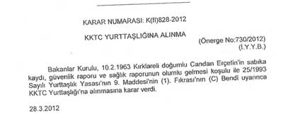 Candan Erçetin KKTC Vatandaşı Oldu