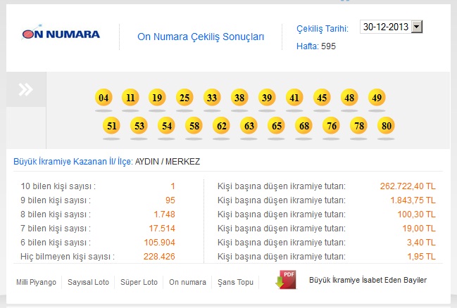 On numara çekiliş sonuçları (30.12.2013)