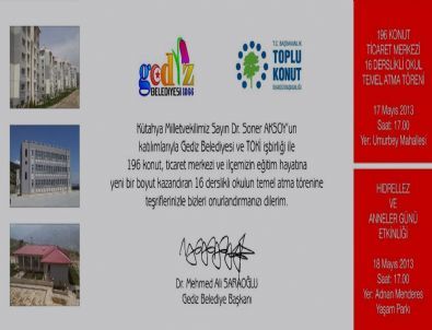 Gediz'de Üçüncü Etap Toki Konutlarının Temeli 17 Mayıs Cuma Günü Atılacak