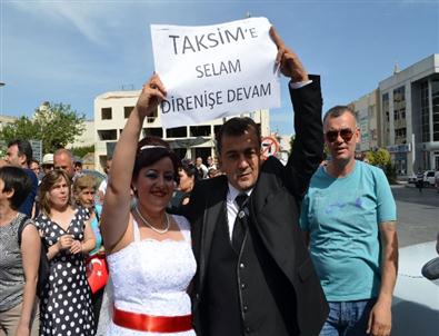 Söke’deki Taksim Eylemi’ne Gelin-damat Desteği