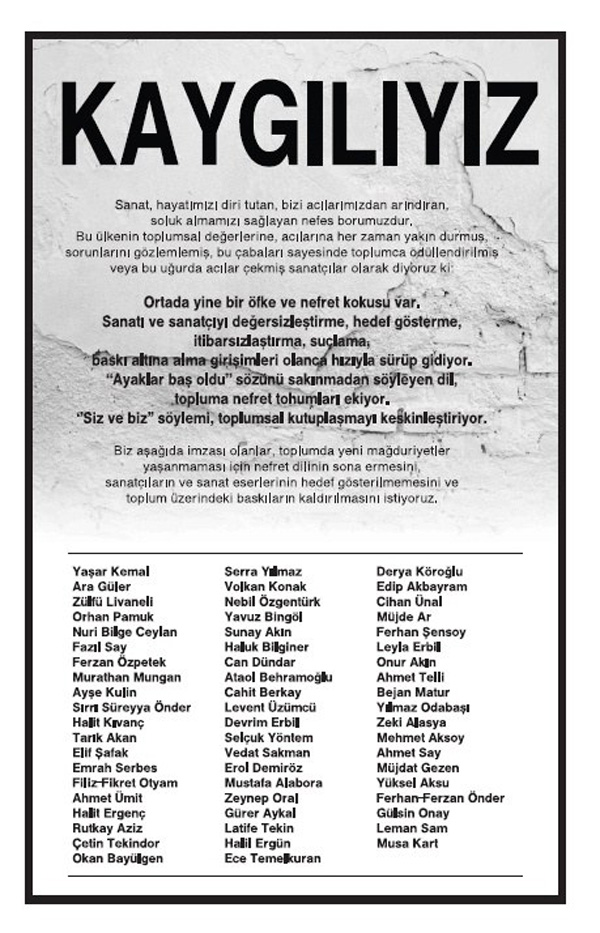 100 sanatçıdan 'Kaygılıyız' ilanı