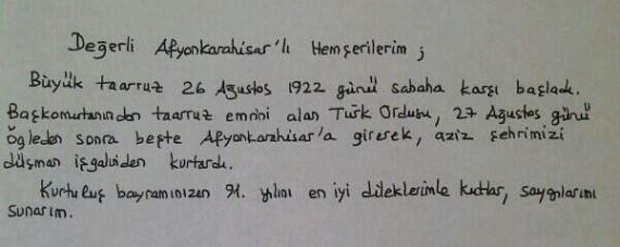 Başbuğ'dan kendi el yazısı ile mesaj