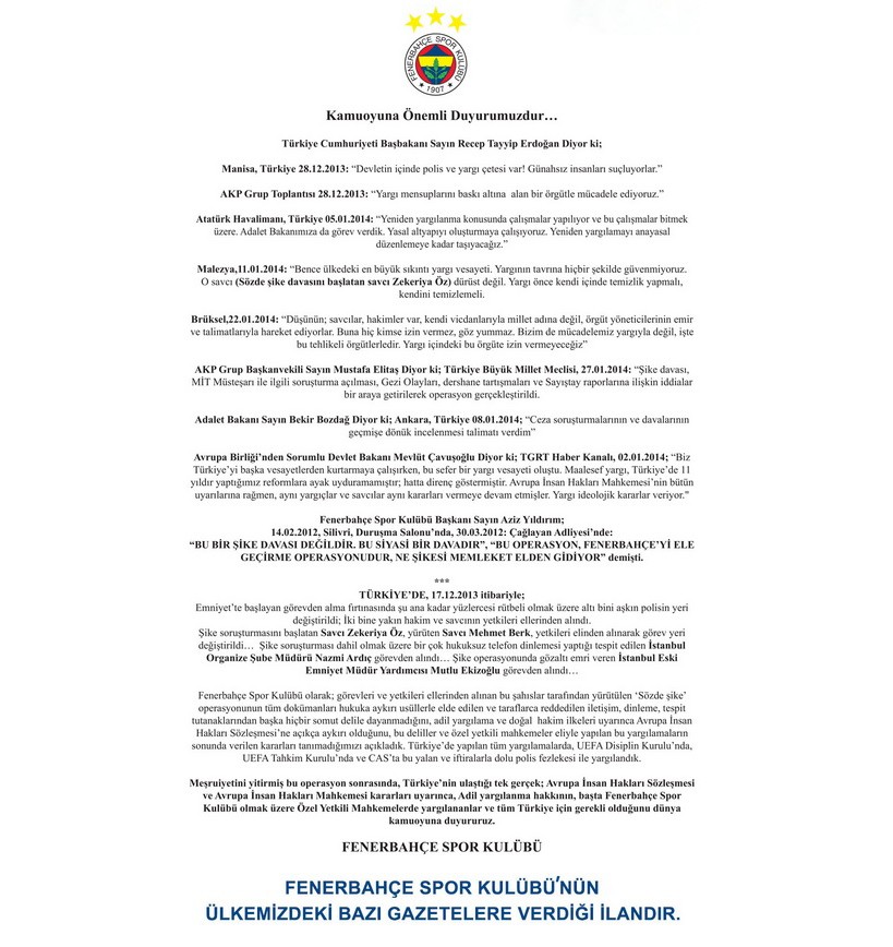 Fenerbahçe'den gazetelere adil yargı ilanı