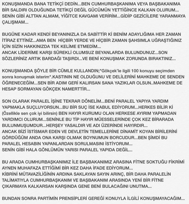 Melih Gökçek'ten Bülent Arınç'a yanıt