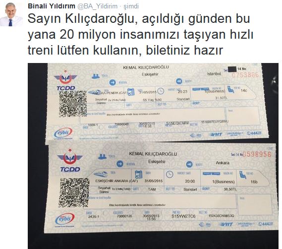 Binali Yıldırım'dan Kılıçdaroğlu'na bilet jesti