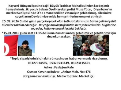 Kayserili Bir Firma 15 Ocak'taki Gelirini Şehit Musa Yüce'nin Ailesine Bağışlayacak