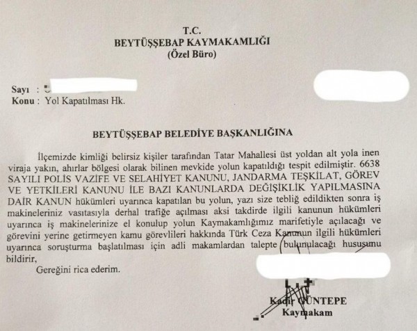 Beytüşşebap Kaymakamı'ndan hendekçi belediyeye ders