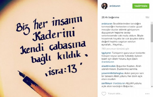 Arda Turan İsra Suresi 13. ayeti paylaştı