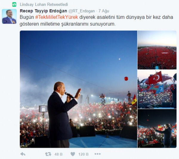 Lindsay Lohan Recep Tayyip Erdoğan’ı RT’ledi, Donald Trump’a seslendi