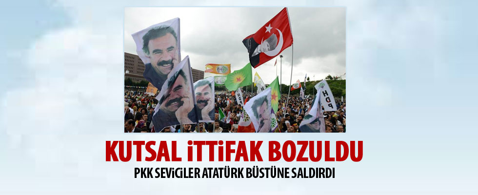 PKK yandaşlarından bayrağa ve Atatürk büstüne saldırı