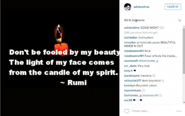 Adriana Lima'dan Mevlana paylaşımı