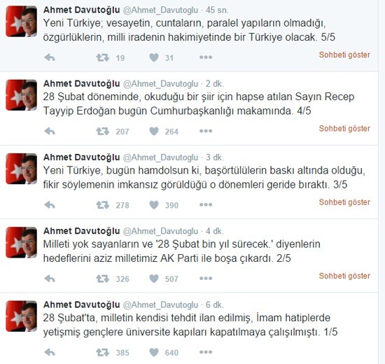 Başbakan Davutoğlu'ndan 28 Şubat tweetleri