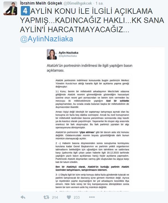 Melih Gökçek Aylin Nazlıaka için hashtag açtı
