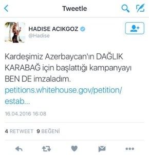 Hadise'den Azerbaycan'a Destek
