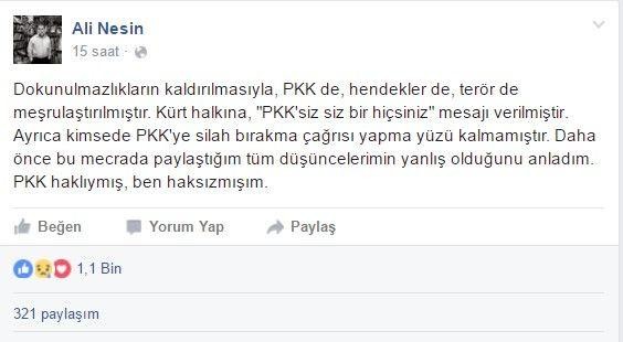Ali Nesin'den dokunulmazlık çıkışı: PKK haklıymış