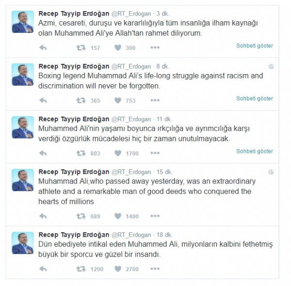 Cumhurbaşkanı Erdoğan'dan Muhammed Ali mesajı