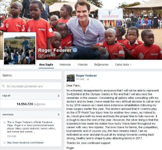 Federer, Rio Olimpiyatları'na Katılamayacağını Açıkladı