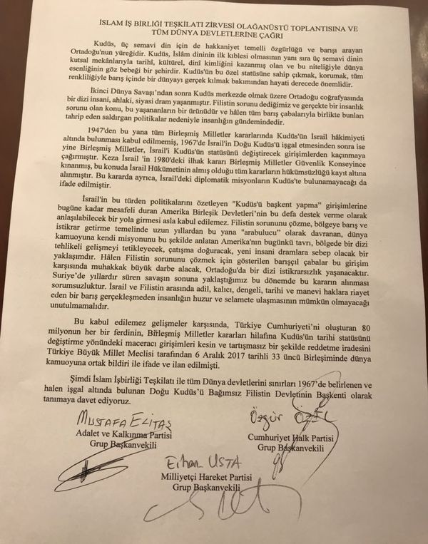 TBMM'de 3 partiden Kudüs için ortak çağrı