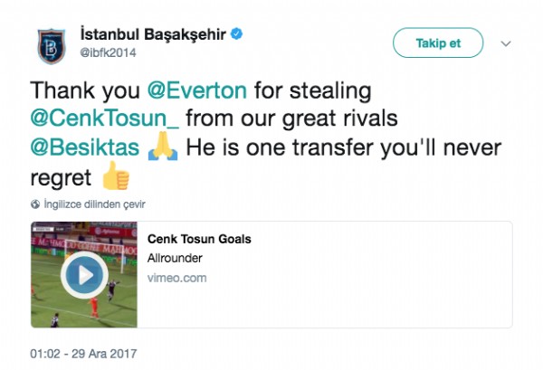 Başakşehir resmi hesabından Cenk Tosun paylaşımı