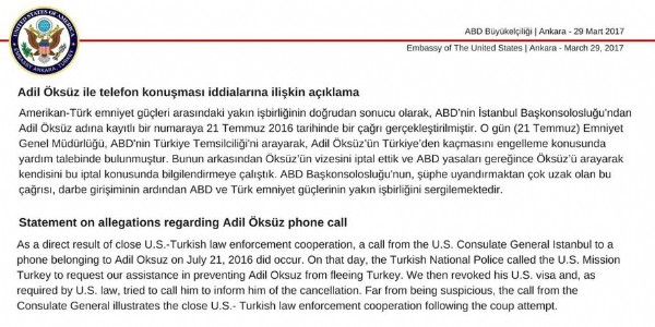 ABD Konsolosluğu'ndan Adil Öksüz açıklaması