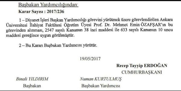 Diyanet İşleri Başkan Yardımcısı Mehmet Emin Özafşar görevden alındı