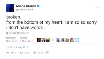 ABD'li Şarkıcı Grande'den Saldırıya İlişkin Açıklama Açıklaması 'Kalbim Derinden Kırıldı'