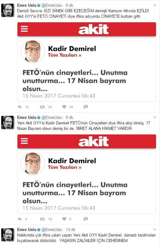 FETÖ'cü Emre Uslu'dan insanlık dışı mesaj