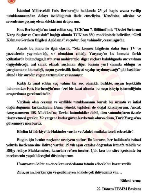 Bülent Arınç'tan Berberoğlu açıklaması