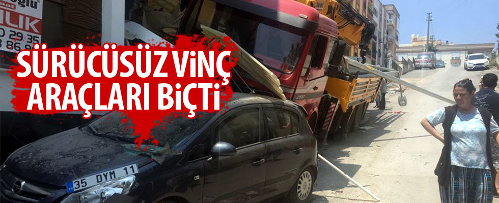 Sürücüsüz vinç 2 otomobili biçti