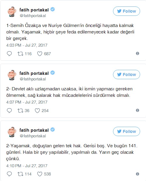 Fatih Portakal'dan Özakça ve Gülmen paylaşımı