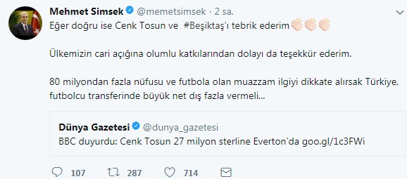 Mehmet Şimşek'ten Cenk Tosun'a teşekkür