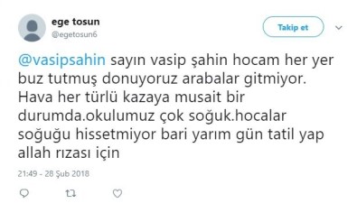 Öğrencilerden Vasip Şahin'e Kar Tatili Mesajları