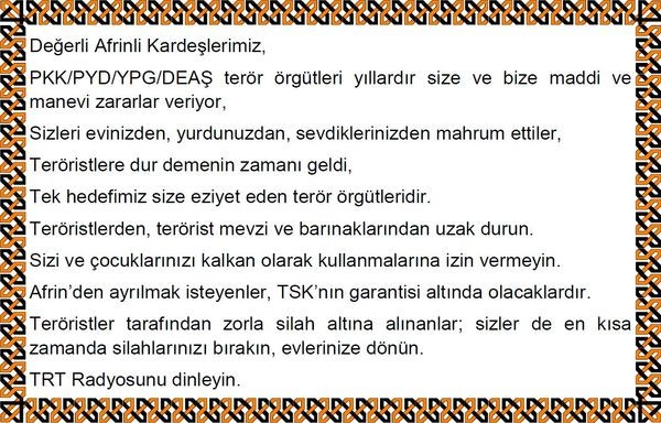 TSK Afrin'e havadan bildiri attı