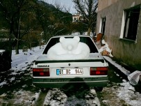 KUTUP AYISI - Yerde Kar Olmayınca Arabasının Üzerindeki Kardan Heykel Yaptı