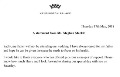 Kensington Sarayı Doğruladı Açıklaması 'Meghan Markle'ın Babası Düğüne Katılmayacak'
