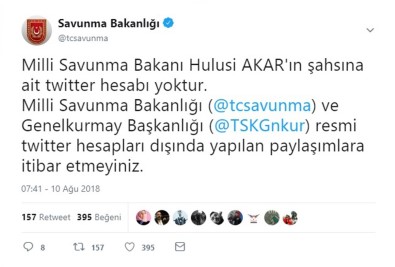 'Milli Savunma Bakanı Hulusi Akar'ın Şahsına Ait Twitter Hesabı Yoktur'