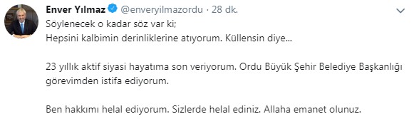 Enver Yılmaz istifa etti