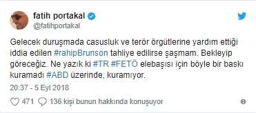 Fatih Portakal'dan Rahip Brunson tweeti
