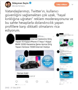 Bakan Soylu'dan Twitter'e 'Sosyal Medya Dolandırıcıları' Tepkisi