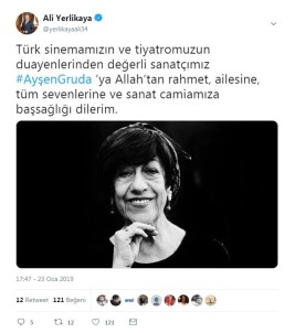 İstanbul Valisi Yerlikaya'dan Ayşen Gruda İçin Taziye Mesajı