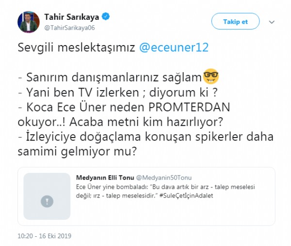 Tahir Sarıkaya'dan Ece Üner'e sert eleştiri